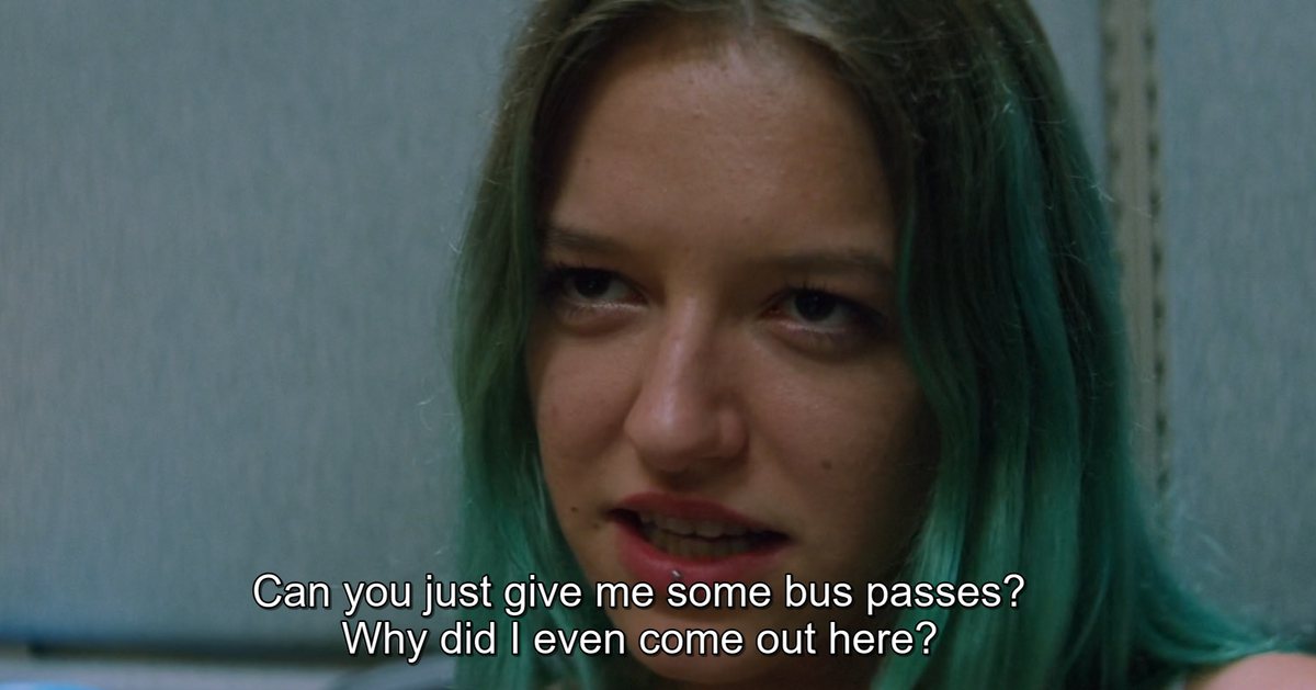 Still from The Florida Project: Halley asks for bus passes